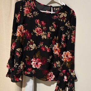 Ambiance Black Floral Blouse with Red and Brown Accents
